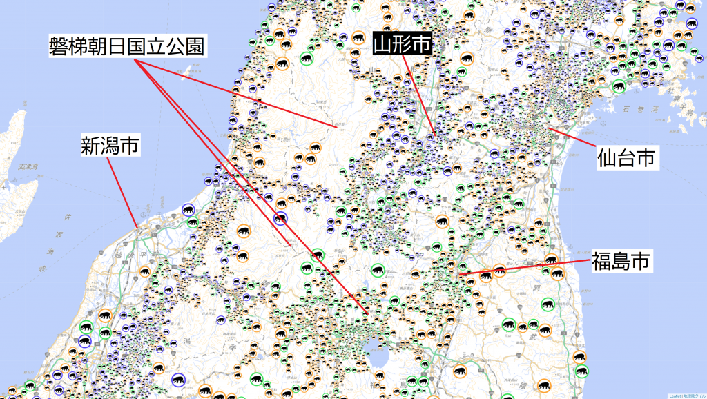 熊出没地点を表した地図