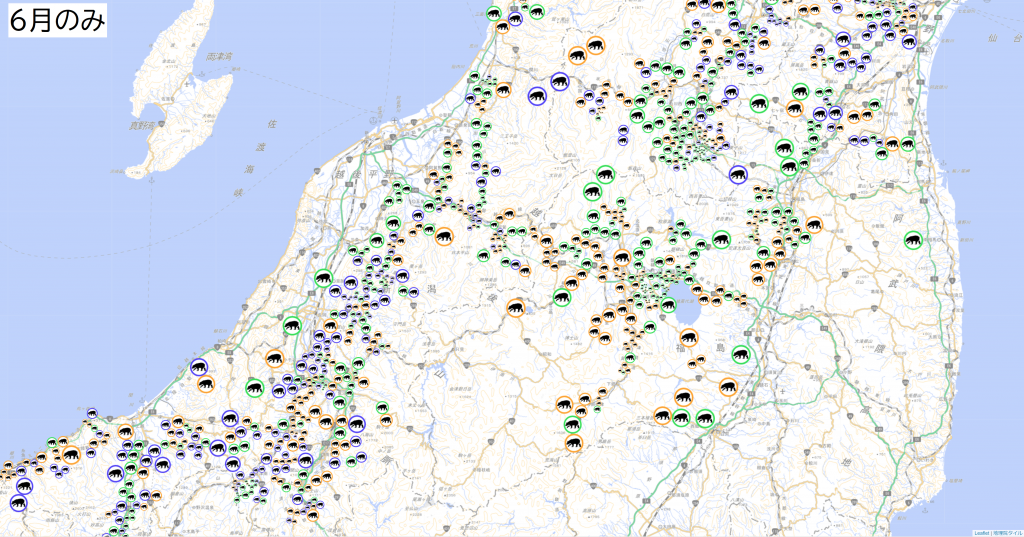 新潟県6月のみの熊出没情報を表した地図