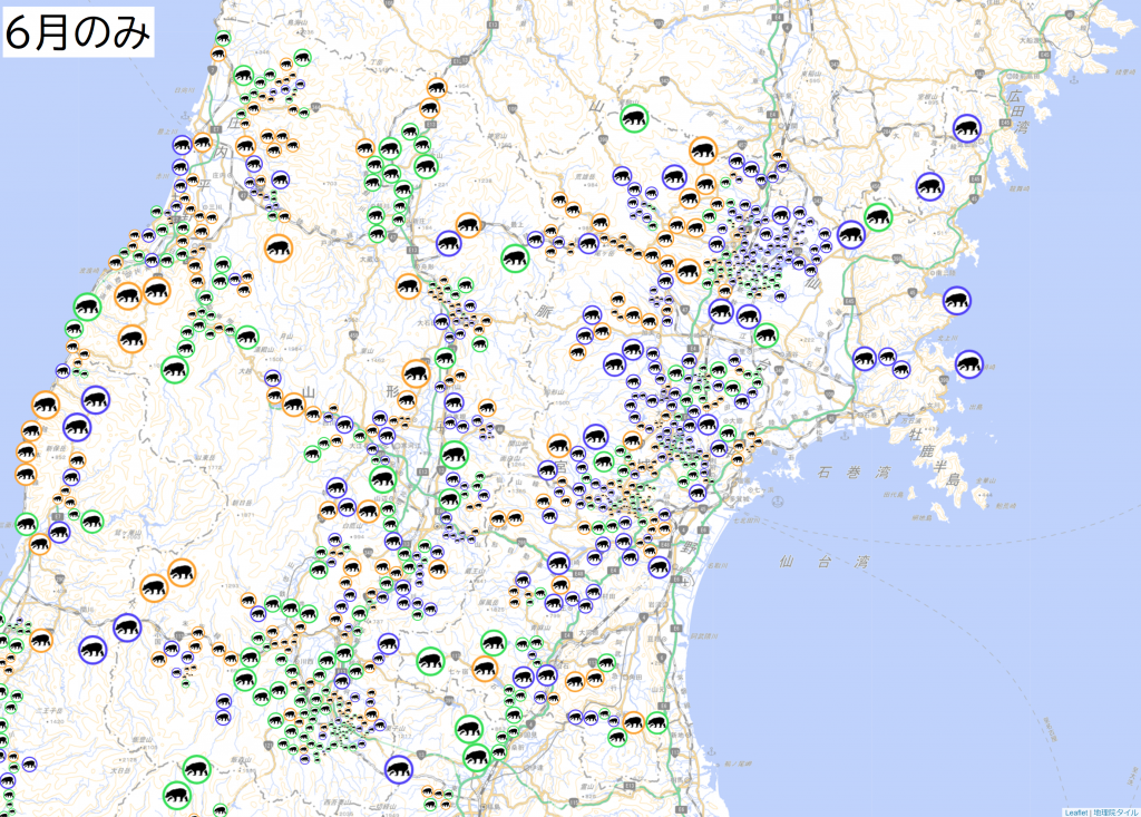 山形県6月のみの熊出没情報を表した地図