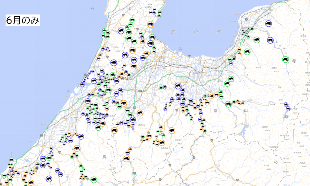 富山県6月のみの熊出没情報を表した地図