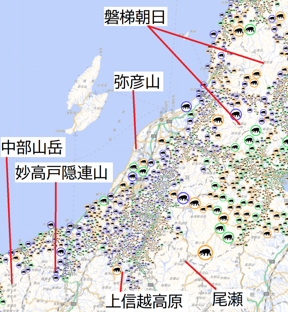 新潟県の熊出没情報を表した地図