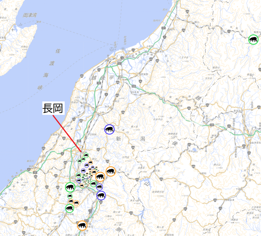 錦鯉に関するコメントを含むデータだけを表示した地図