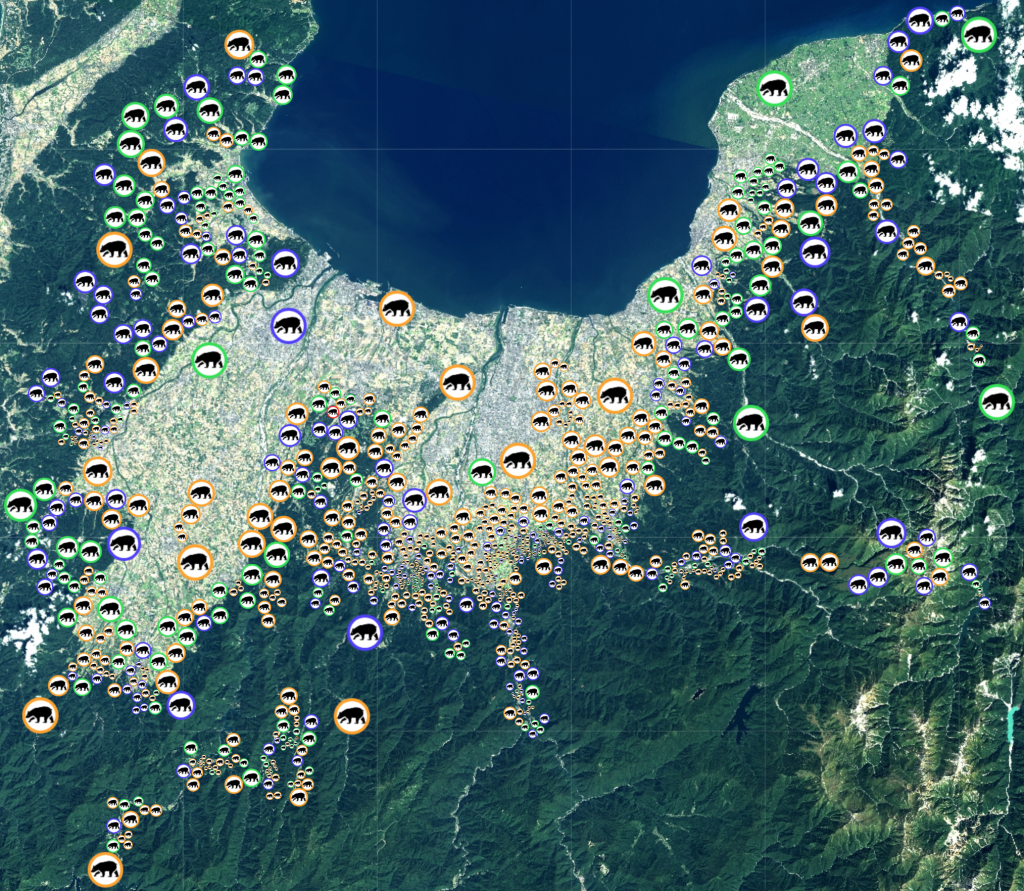 富山県の熊出没情報を表した地図