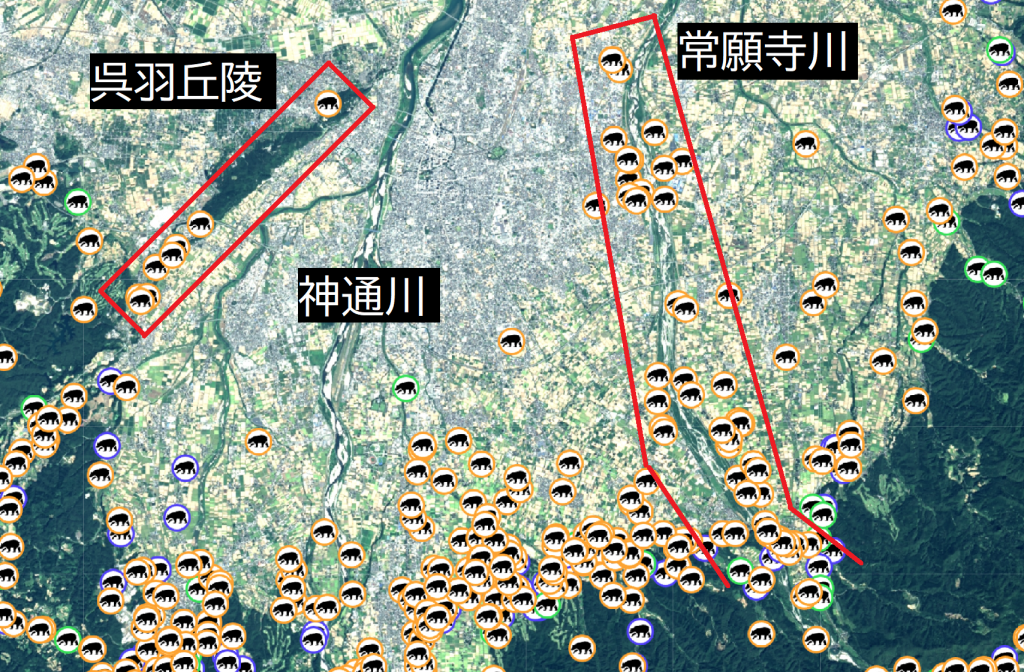 富山県の熊出没情報を表した地図(一部を拡大)