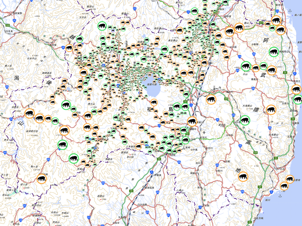 福島県の熊出没情報の地図