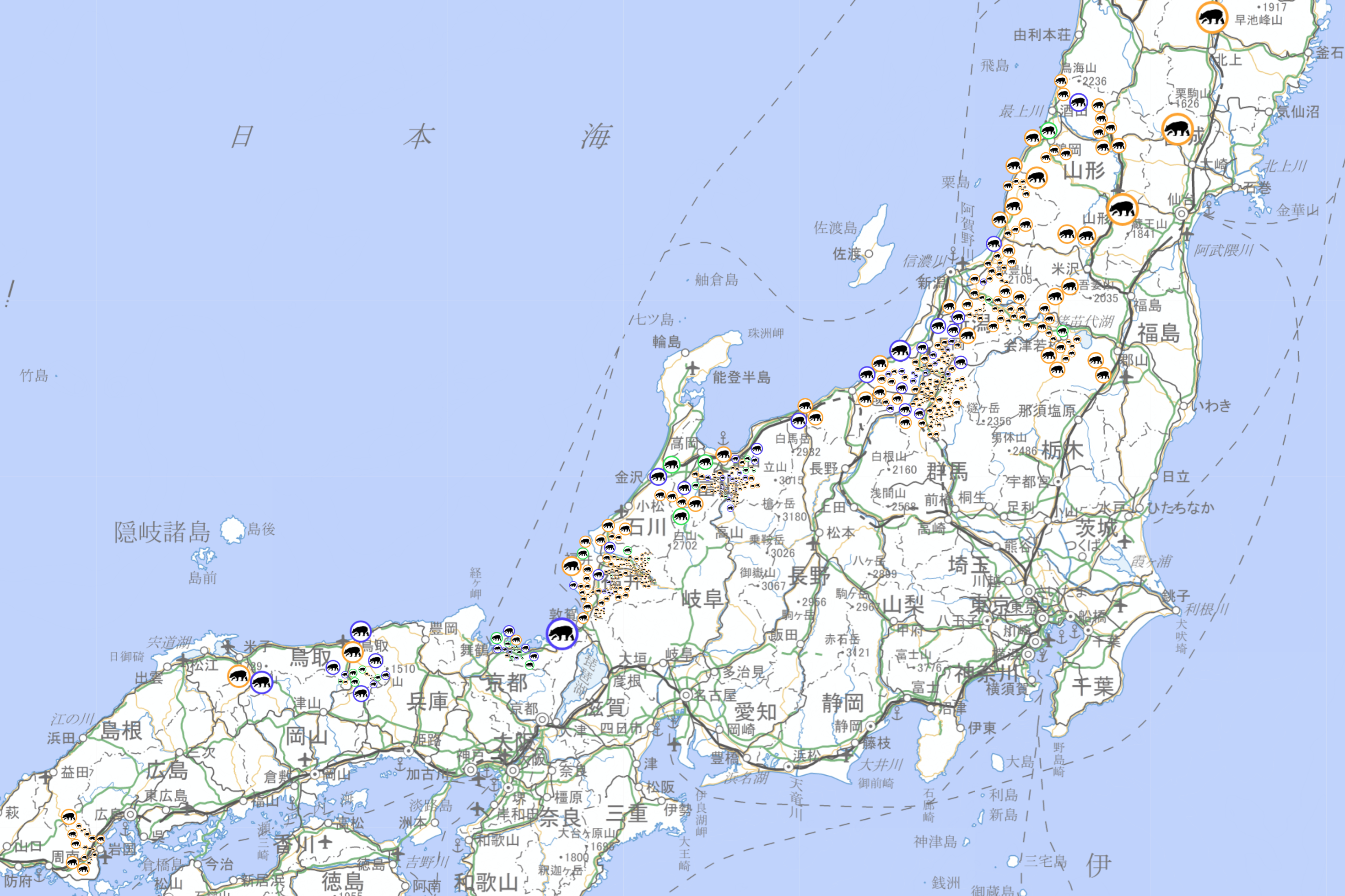 コメントに柿、カキを含む熊出没データだけを表示した地図