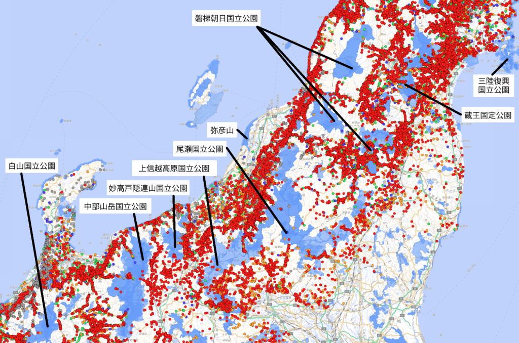 自然公園地域と熊出没地点 新潟県周辺